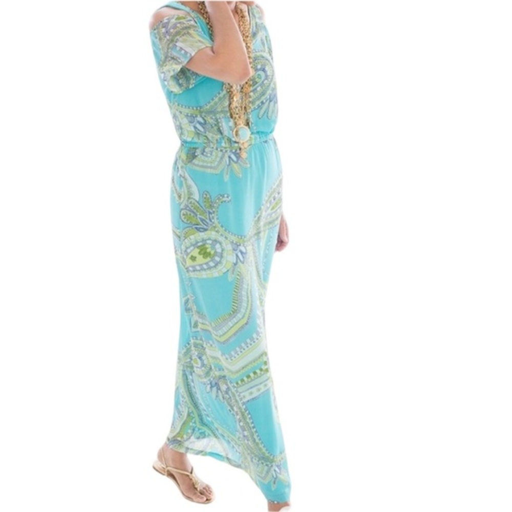 Chicos Blue Green and White Paisley Cold‎ Shoulder Modest Maxi Dress Size 2 or M